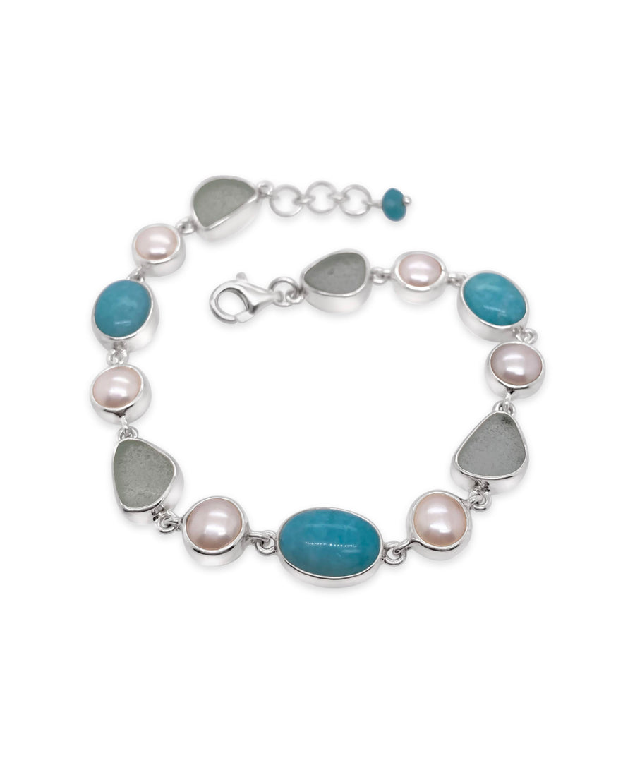 Aqua Maine Seaglass, Freshwater Pearl and Amazonite Bracelet