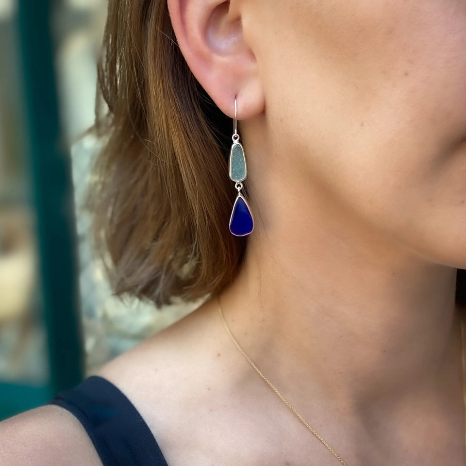 Maine Aqua and Cobalt Seaglass Dangle Earrings