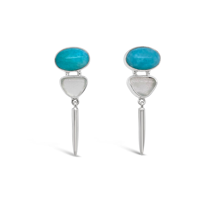 Brushed Icicle Earrings with Maine Seaglass and Amazonite