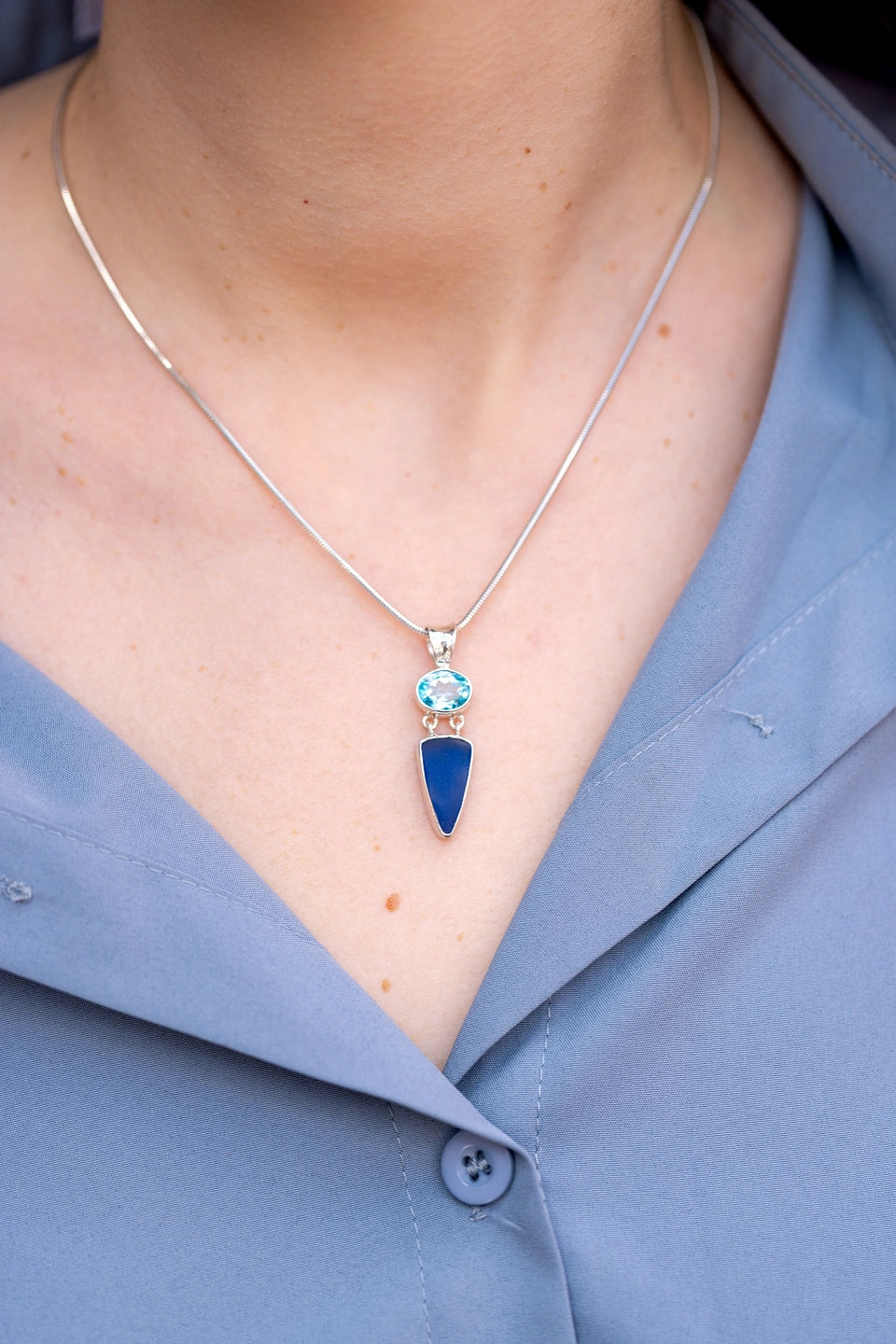 Deep Blue Maine Seaglass and Blue Topaz Pendant