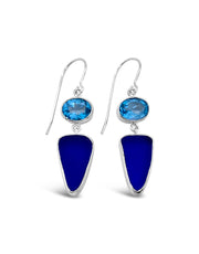 Deep Blue Maine Seaglass and Blue Topaz Drop Earrings