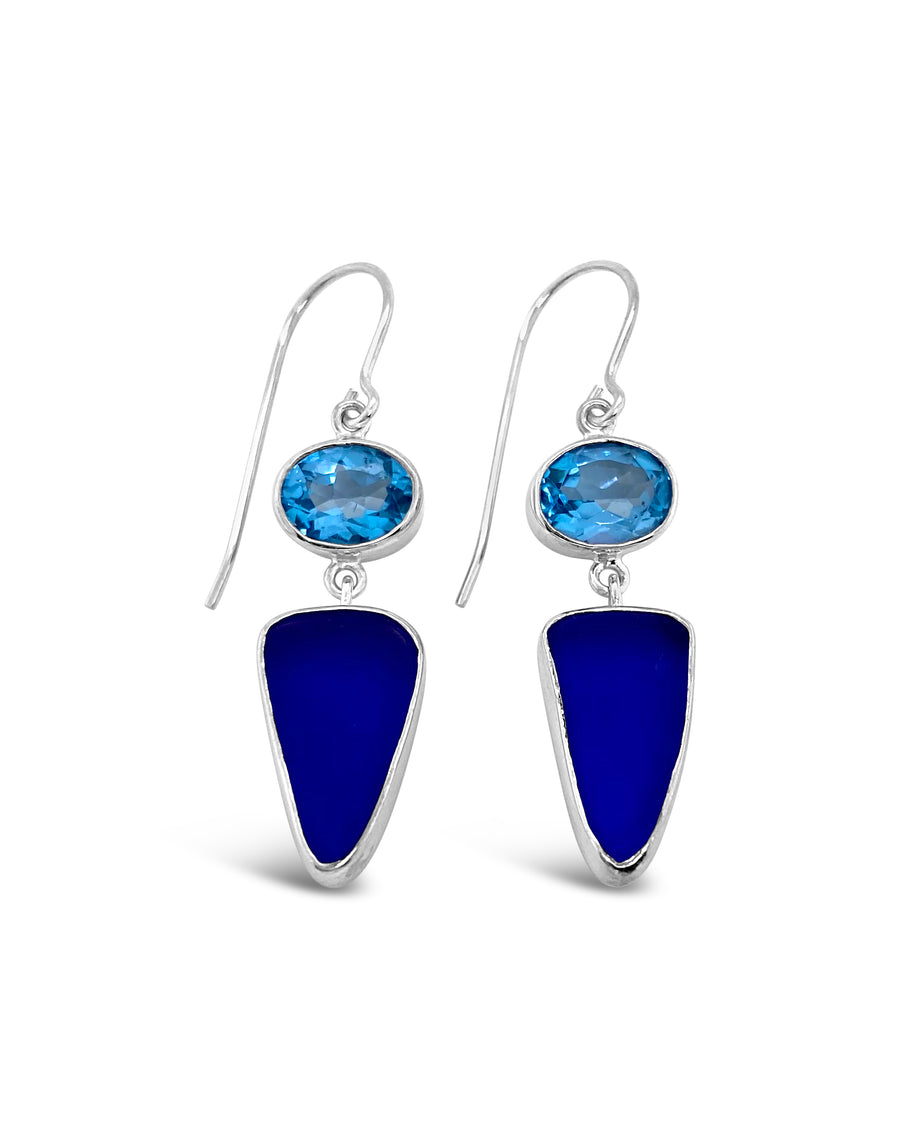 Deep Blue Maine Seaglass and Blue Topaz Drop Earrings