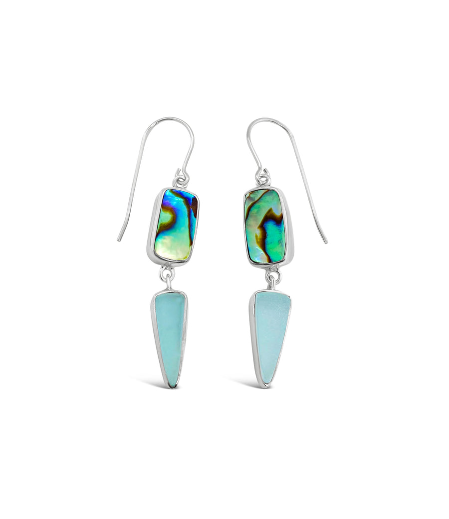 Maine Aqua Seaglass and Abalone Dangle Earrings