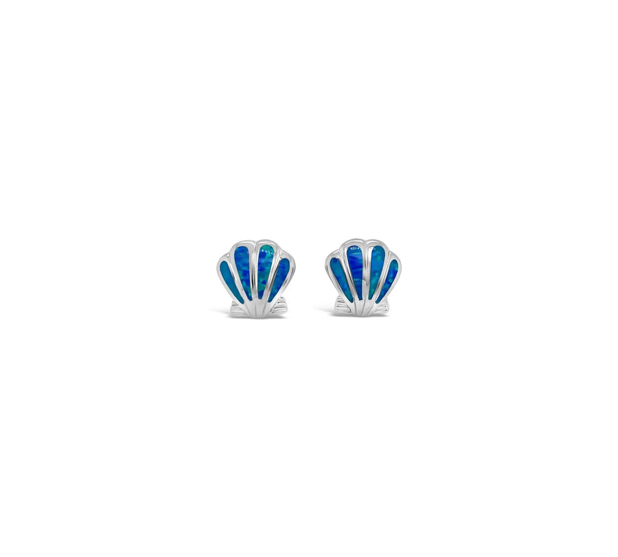 Lab Blue Opal Scallop Shell Post Earrings