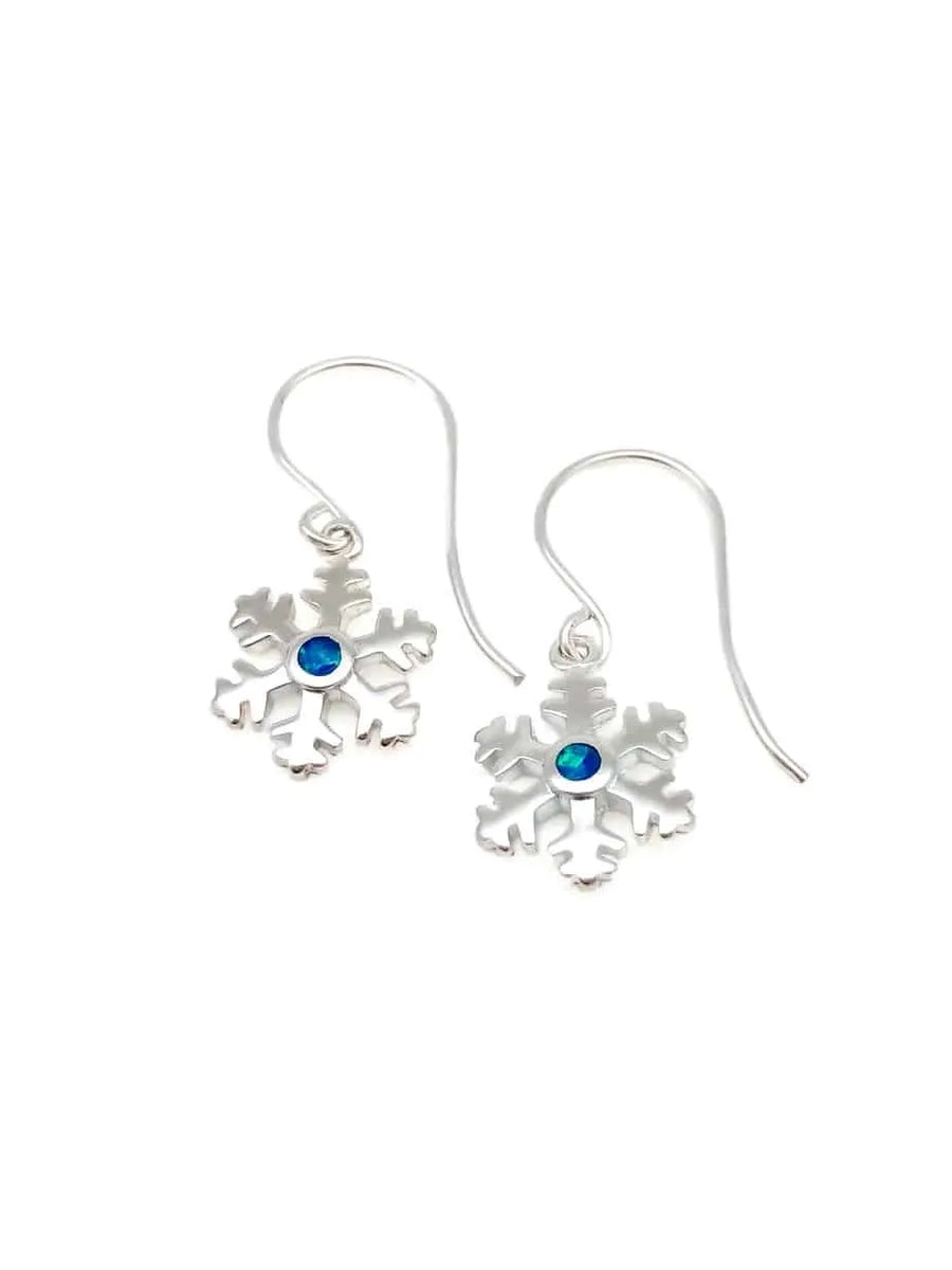 Lab Blue Opal Snowflake Earrings