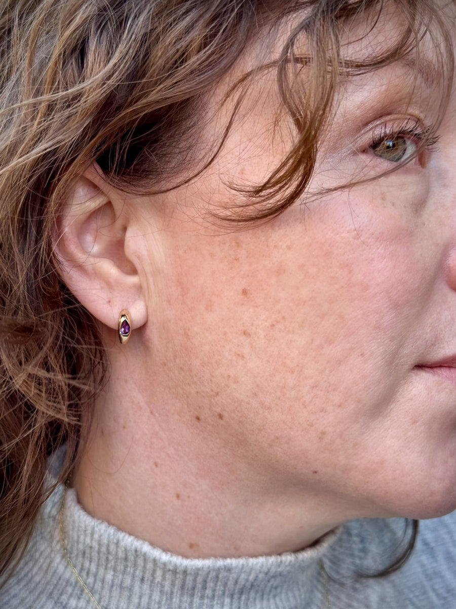 14k Amethyst Rounded Huggie Hoops