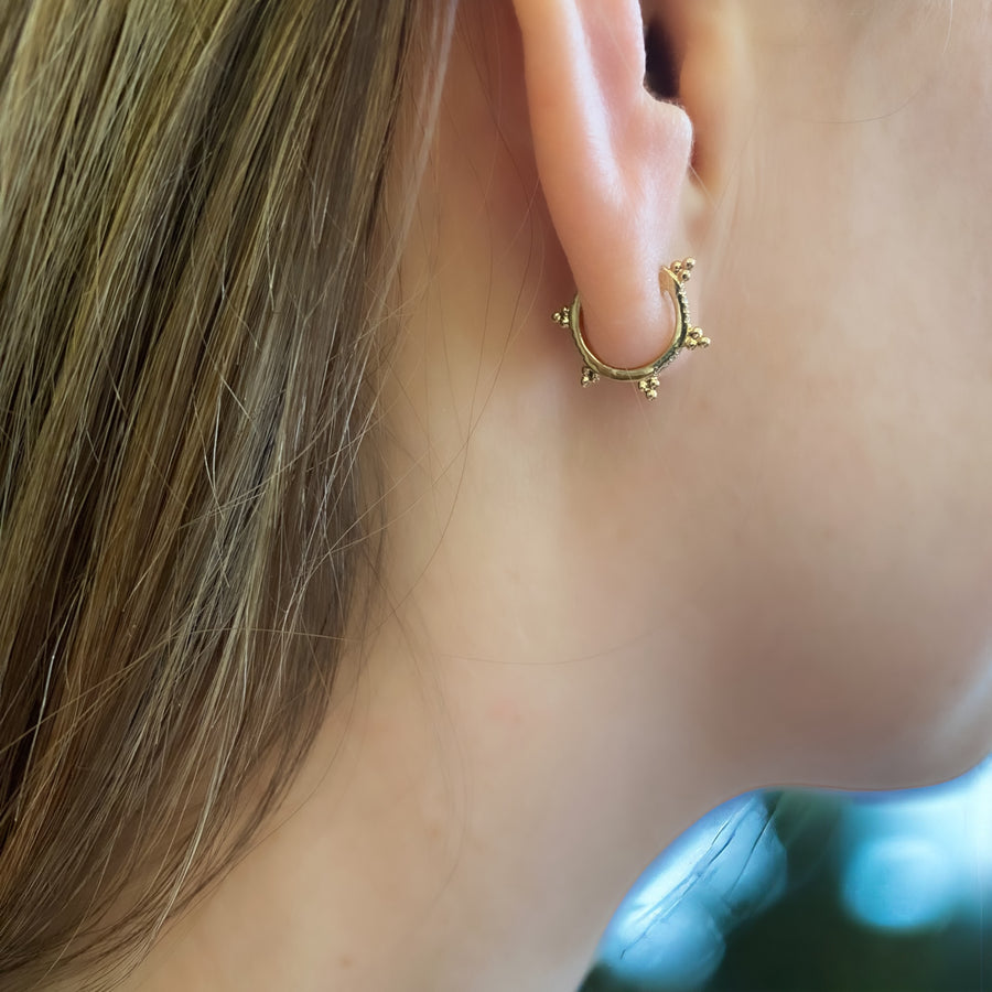 14k Beaded Diamond Huggie Hoops