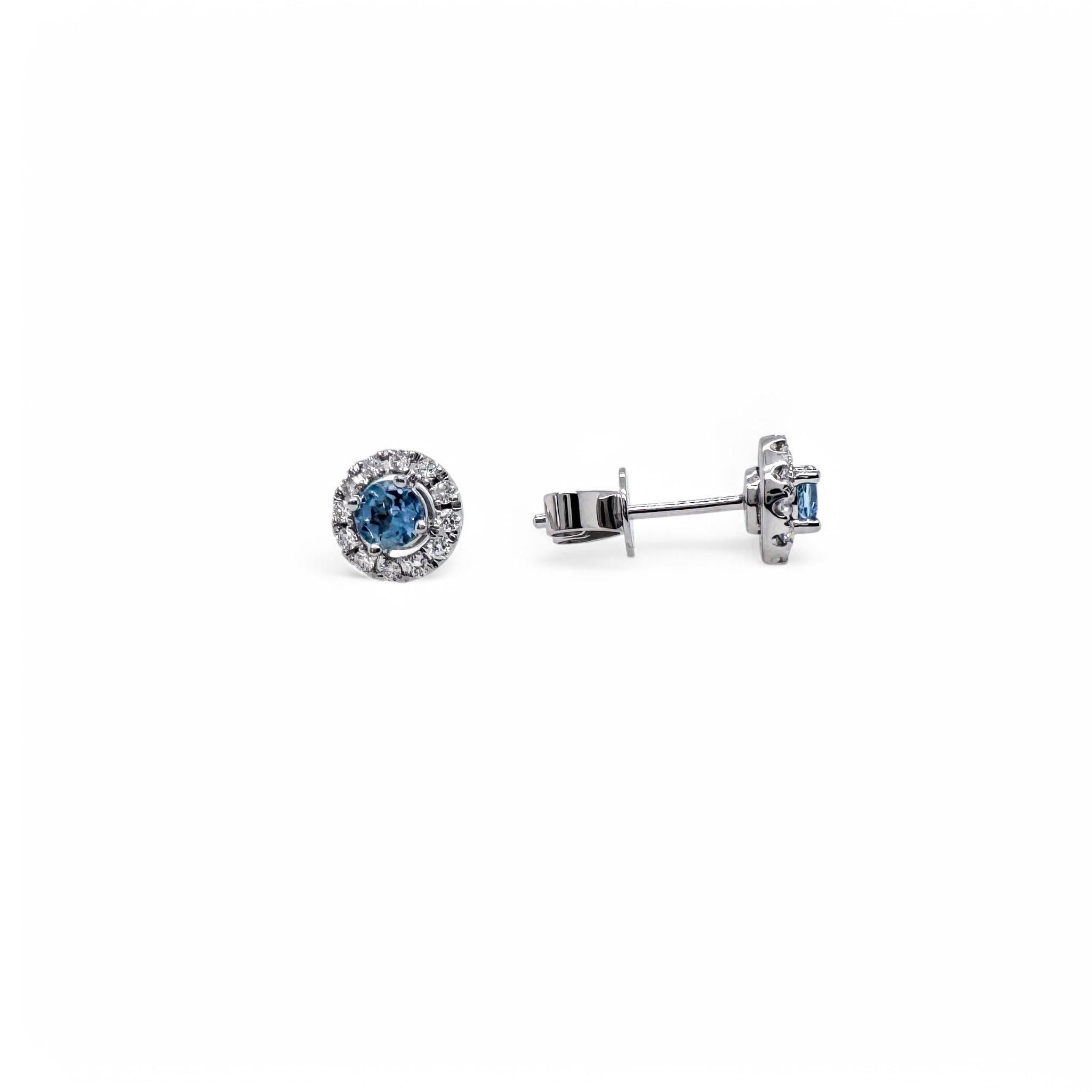 14k Aquamarine with Diamond Halo Post Earrings