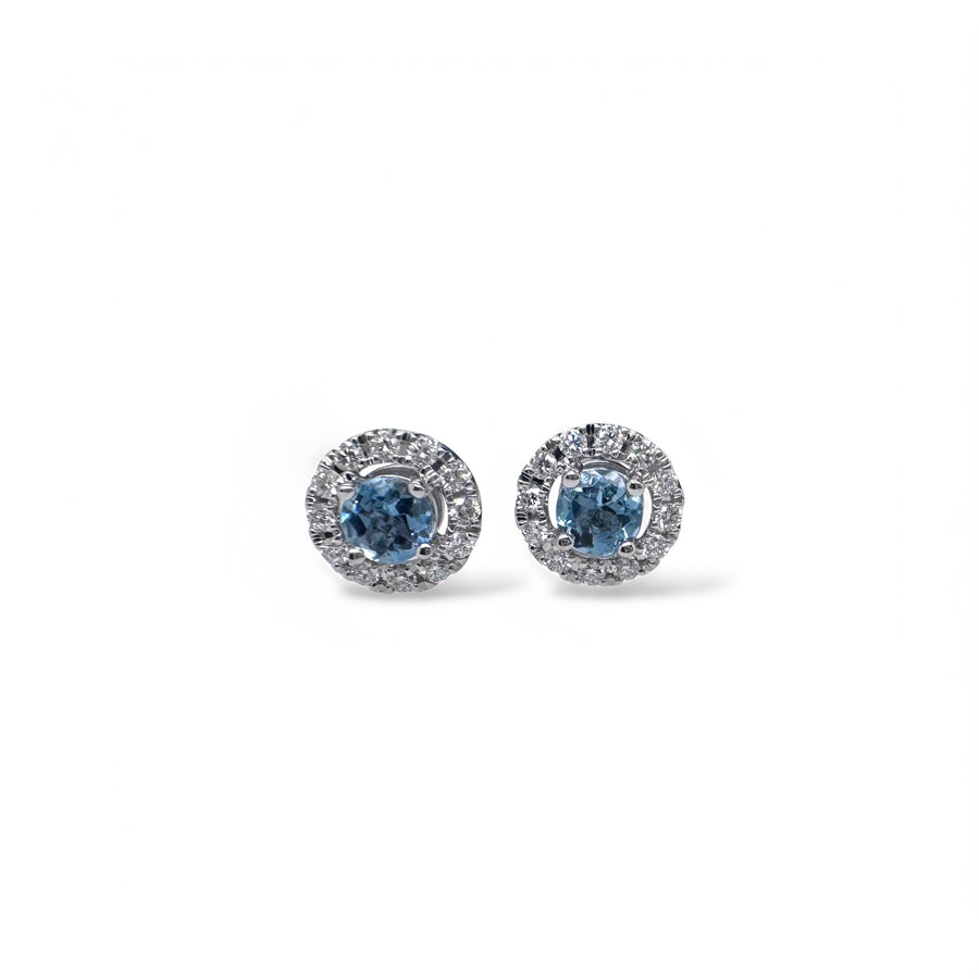 14k Aquamarine with Diamond Halo Post Earrings