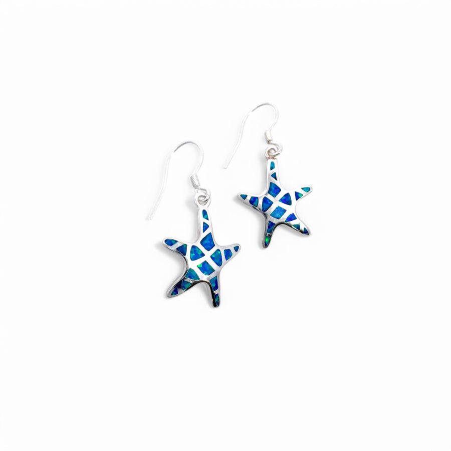 Lab Blue Opal Dancing Starfish French Wire Earrings