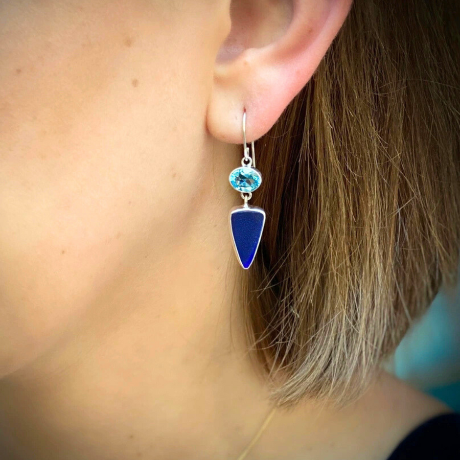 Deep Blue Maine Seaglass and Blue Topaz Drop Earrings