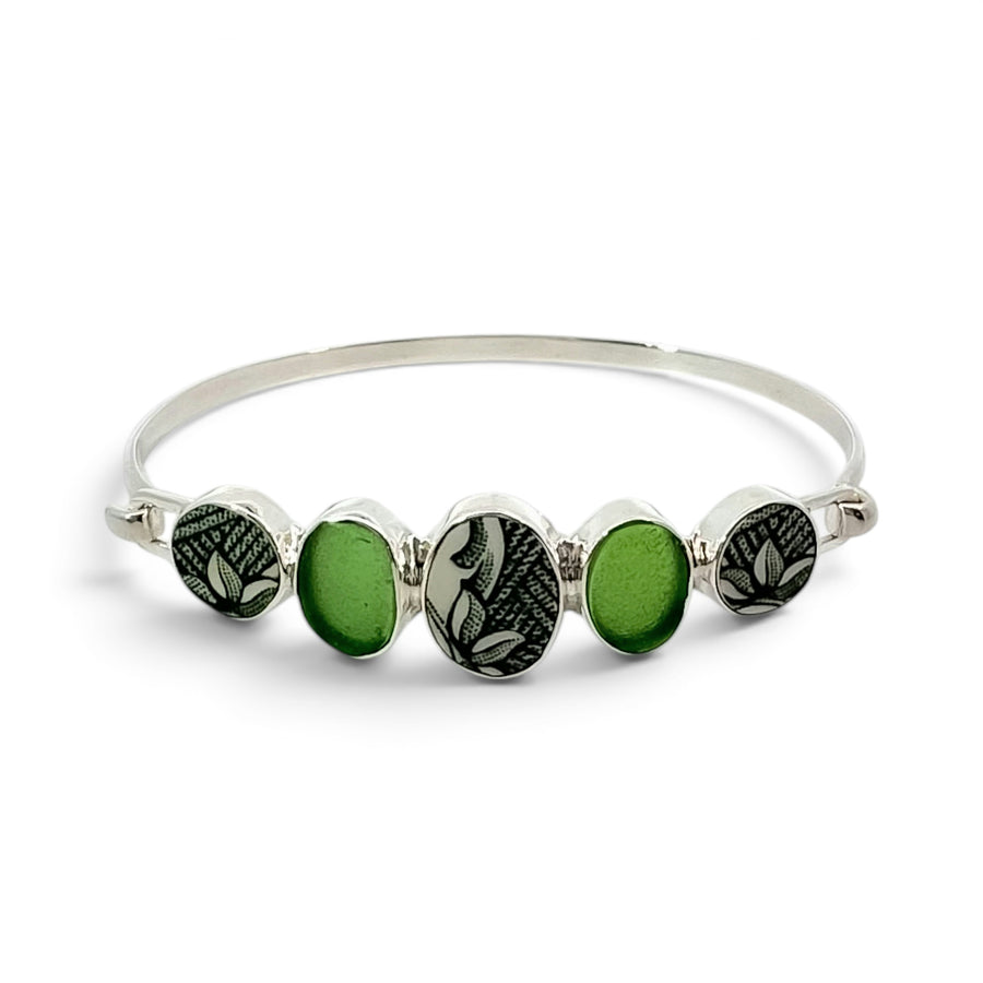 Sea Glass and Pottery Sterling Silver Bracelet