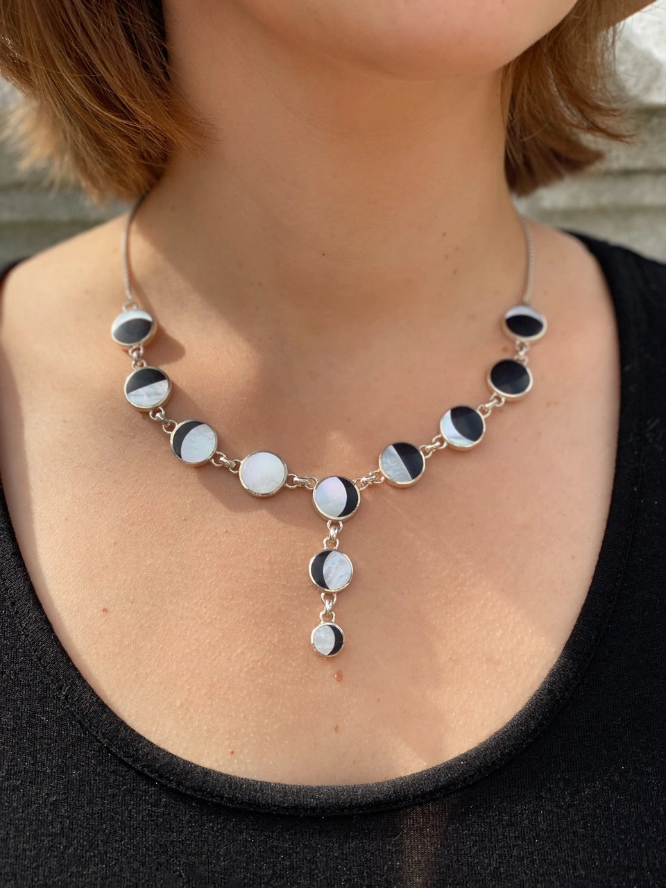 Onyx and Mother of Pearl Moon Phase Full Necklace