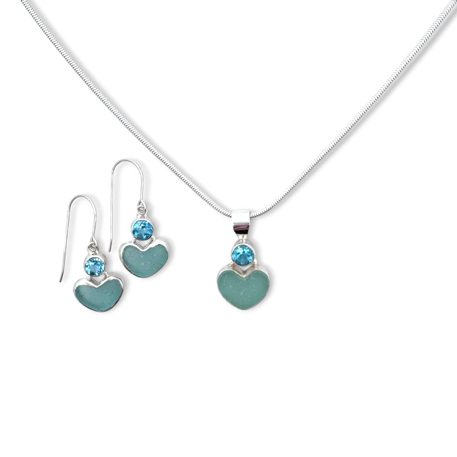 Aqua Heart Sea Glass & Blue Topaz French Wire Earrings