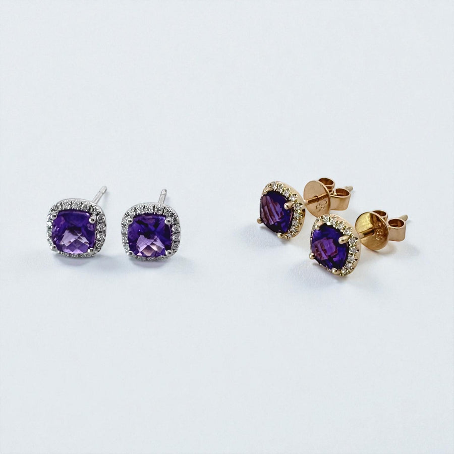 14k Cushion Cut Amethyst and Diamond Earrings