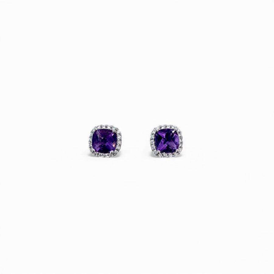 14k Cushion Cut Amethyst and Diamond Earrings