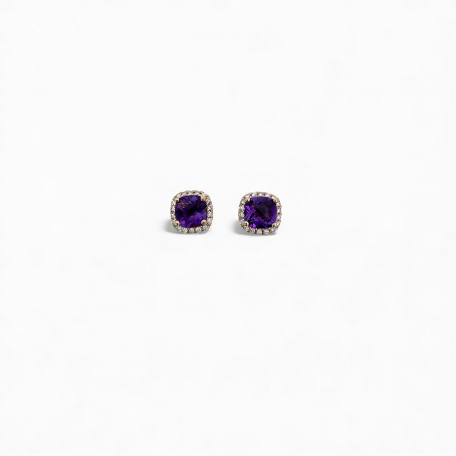 14k Cushion Cut Amethyst and Diamond Earrings