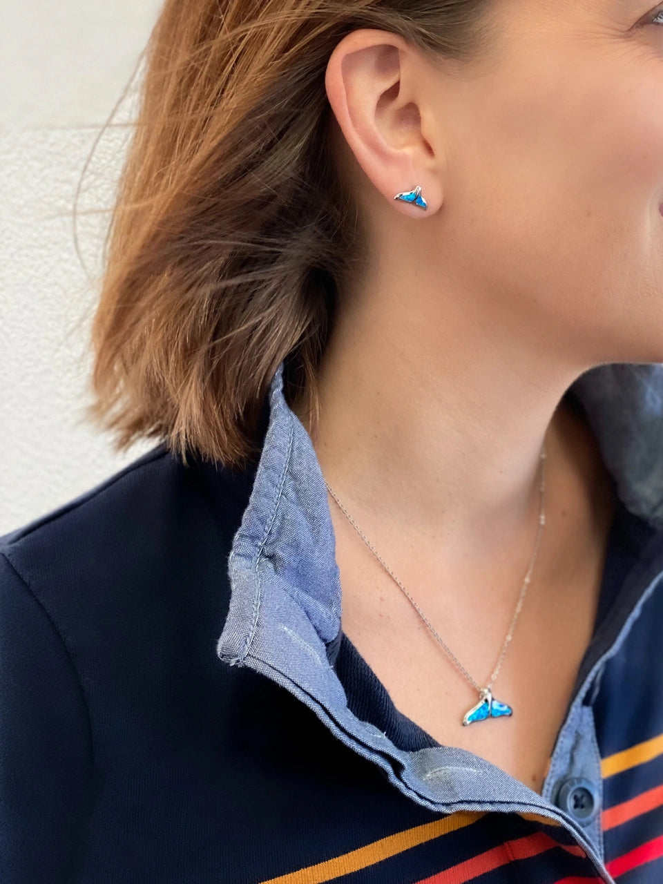 Lab Blue Opal Whale Tail Necklace