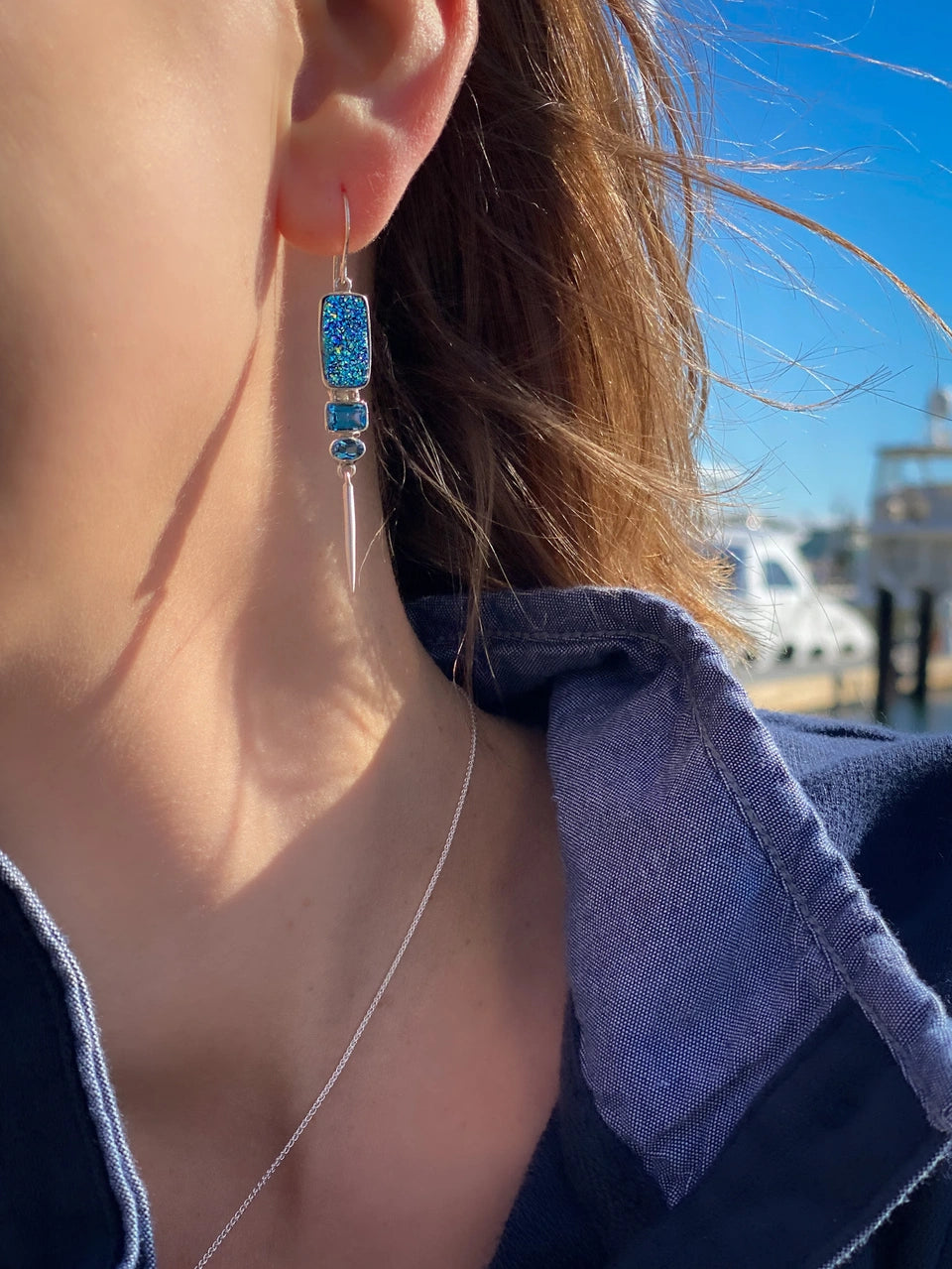 Mermaid Druzy and Blue Topaz Icicle Earrings