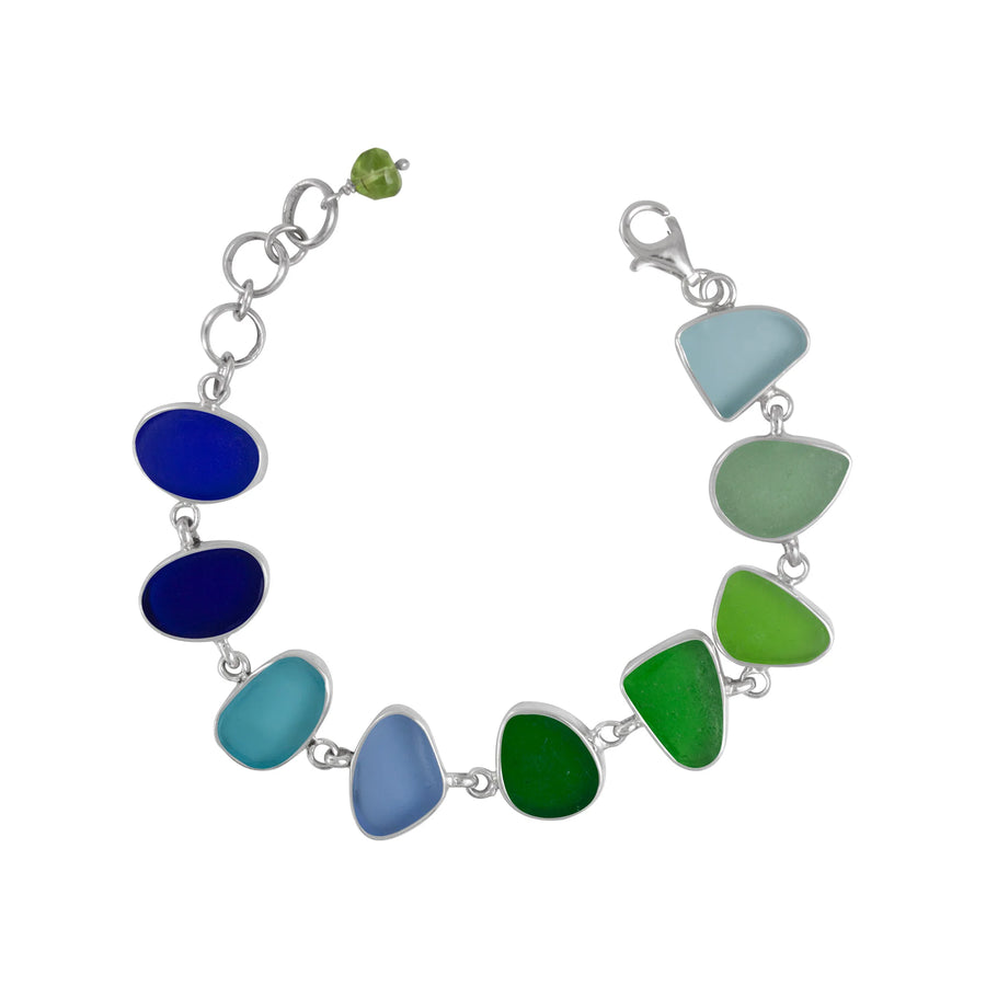 Green & Blue Sea Glass Sterling Silver Bracelet
