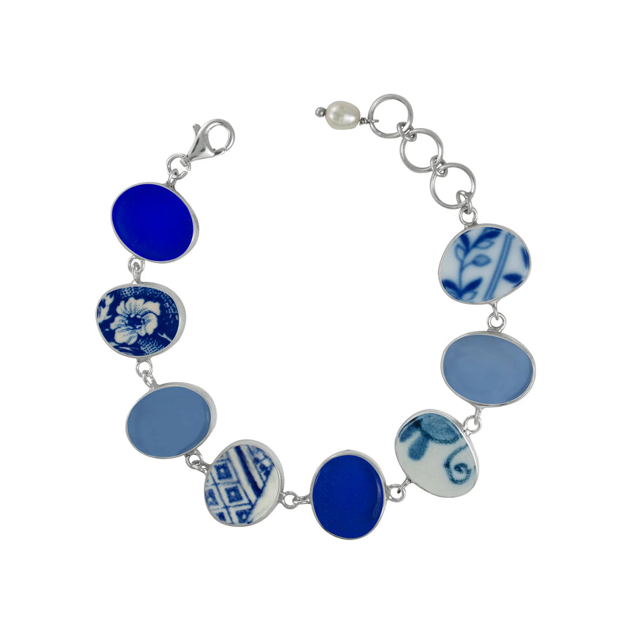 Sea Glass & Pottery Sterling Silver Bezel Bracelet
