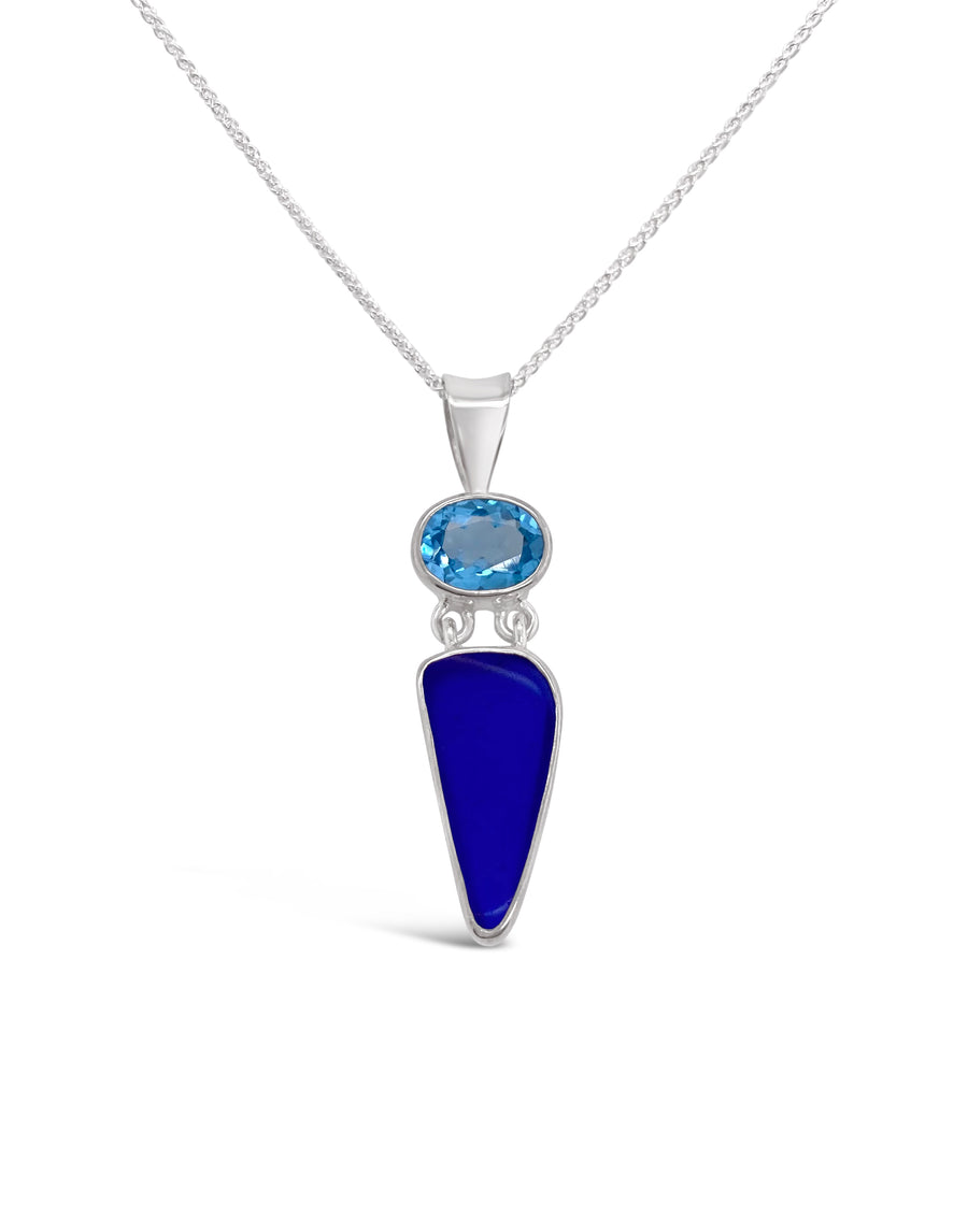 Deep Blue Maine Seaglass and Blue Topaz Pendant