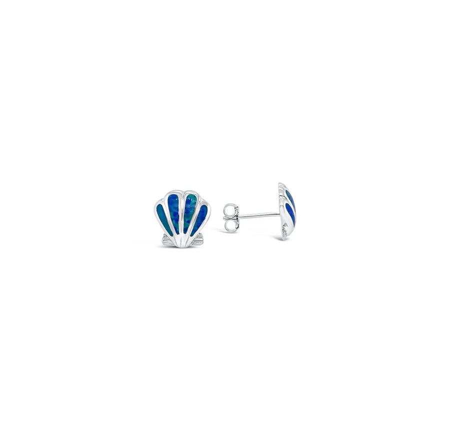 Lab Blue Opal Scallop Shell Post Earrings