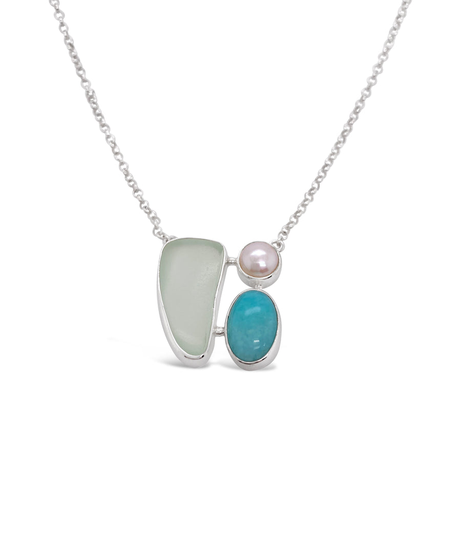 Aqua Maine Seaglass, Freshwater Pearl and Amazonite Floating Necklace