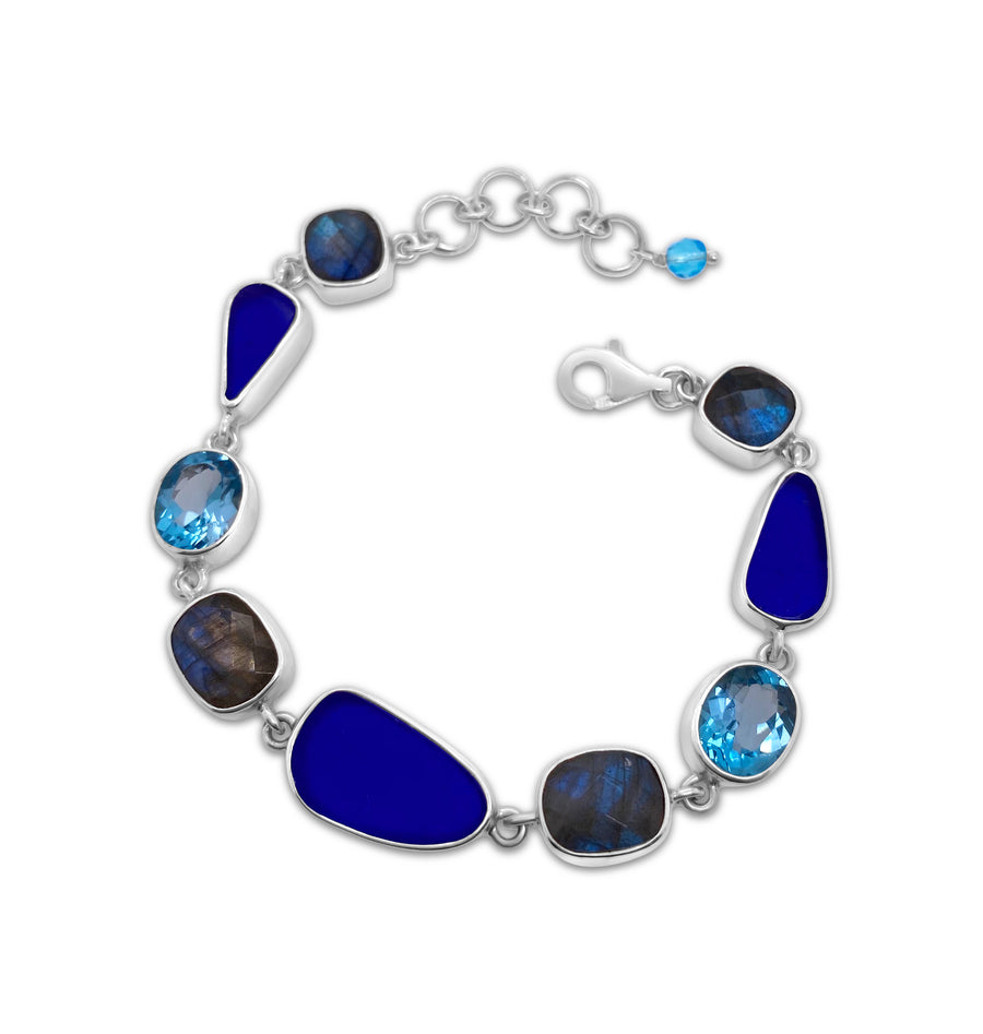Labradorite, Blue Topaz and Deep Blue Maine Seaglass Bracelet