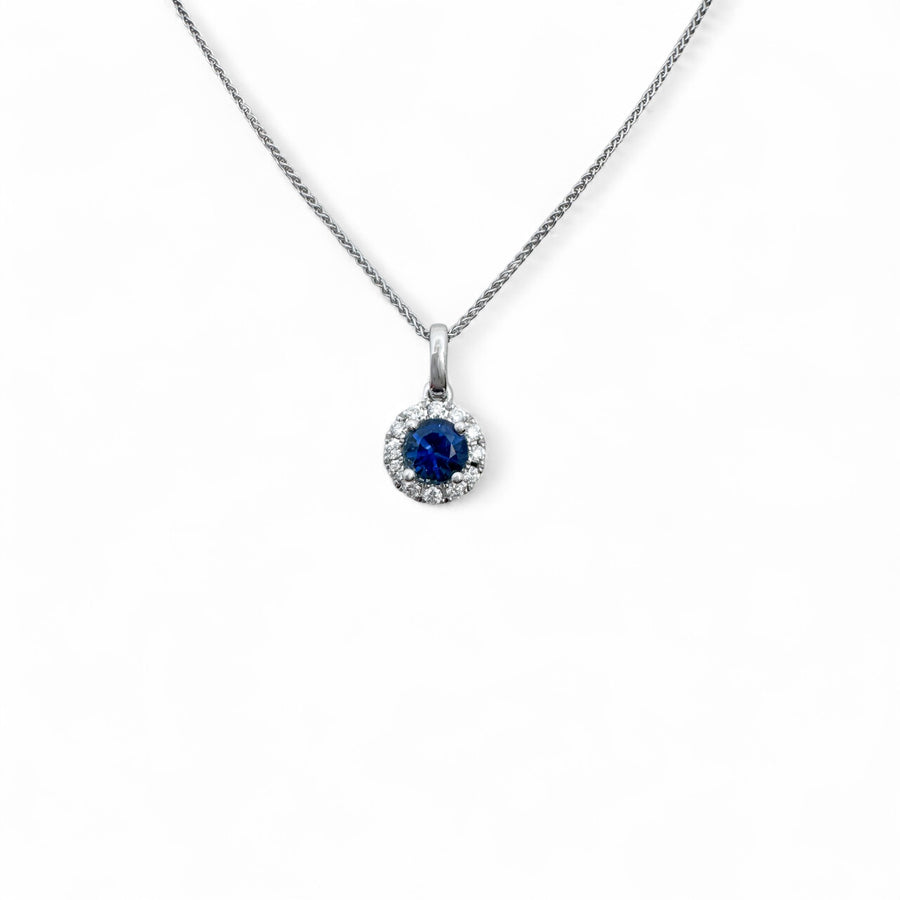 14K White Gold and Sapphire Diamond Halo Necklace