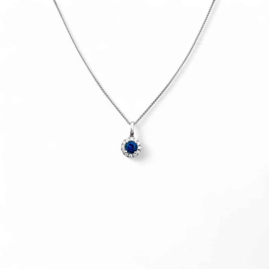 14K White Gold and Sapphire Diamond Halo Necklace