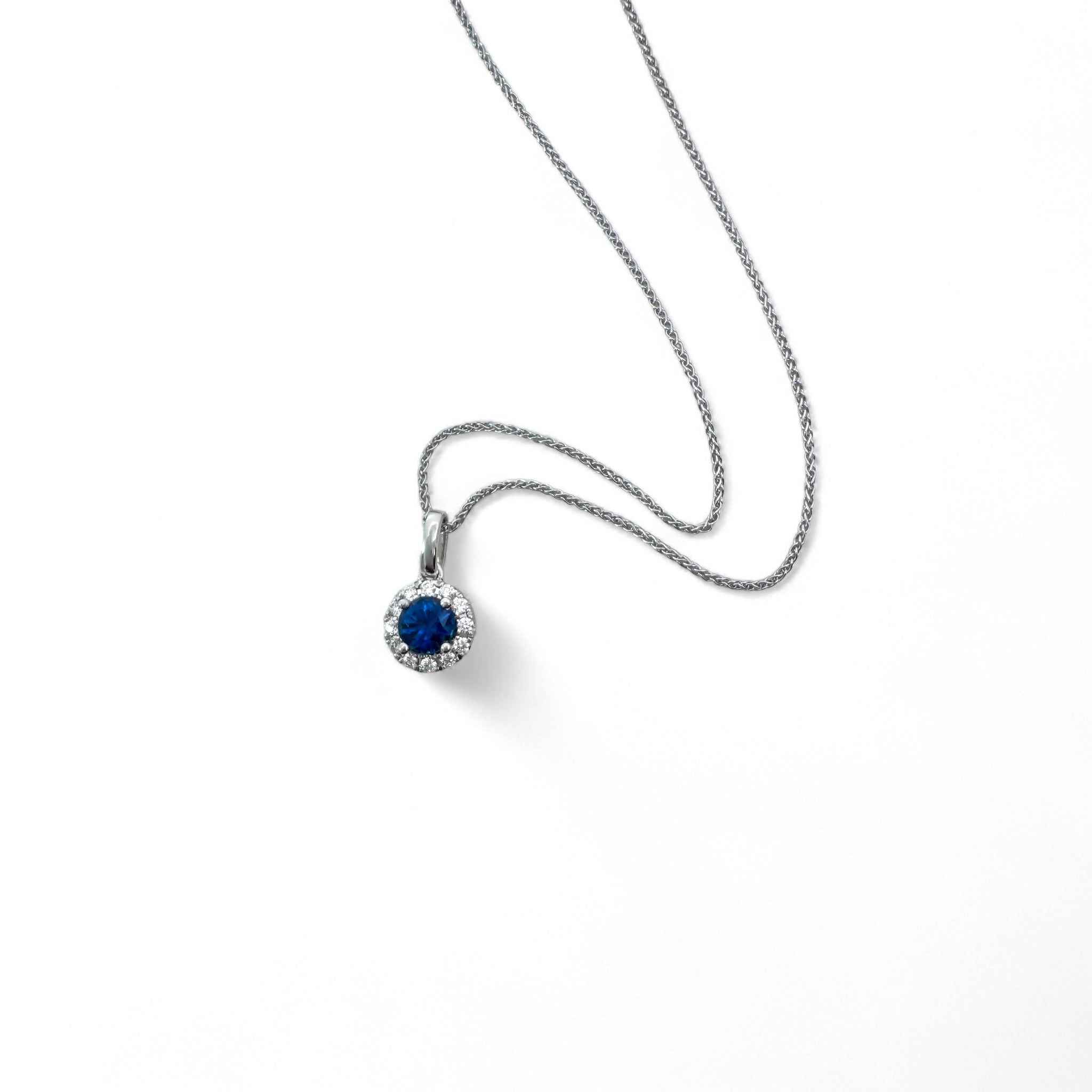 14K White Gold and Sapphire Diamond Halo Necklace