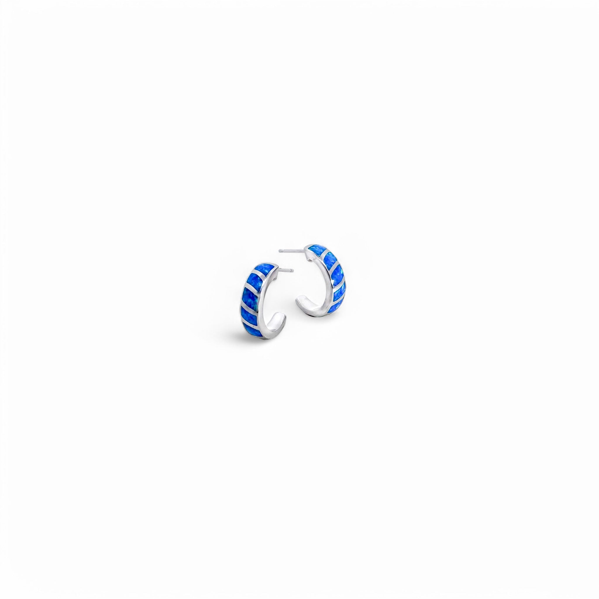 Lab Blue Opal Stripped Hoop Earrings