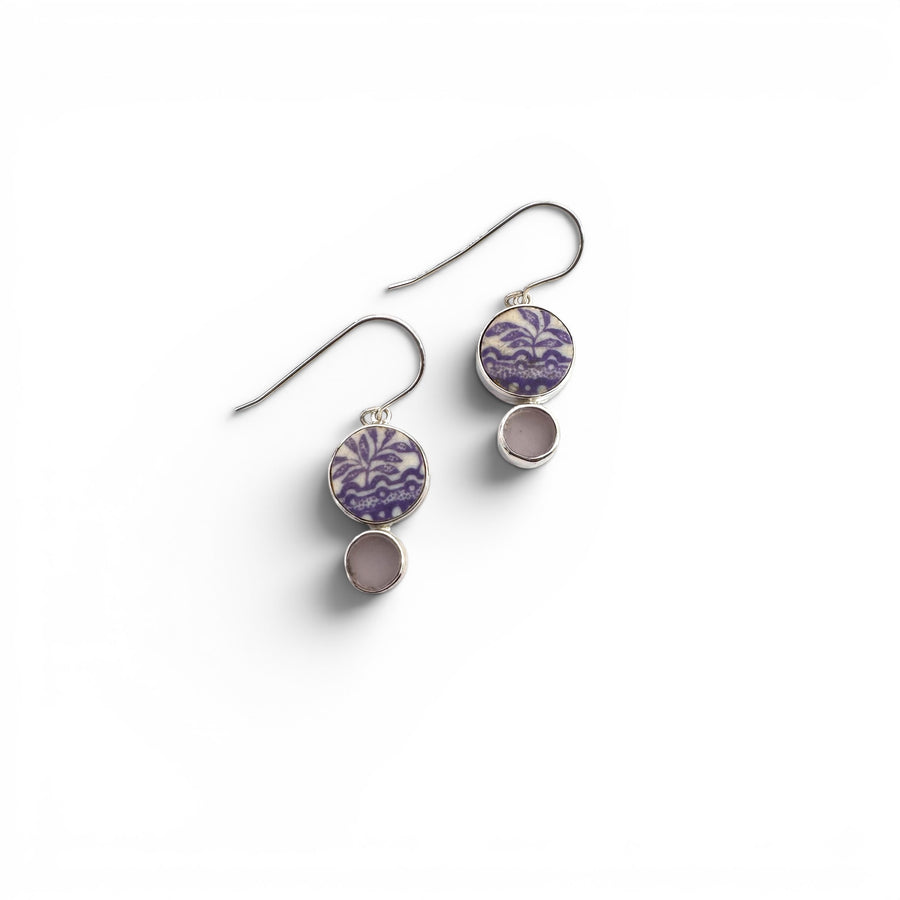 Sterling Silver Lavender Seaglass & Pattern Pottery Drop Earrings