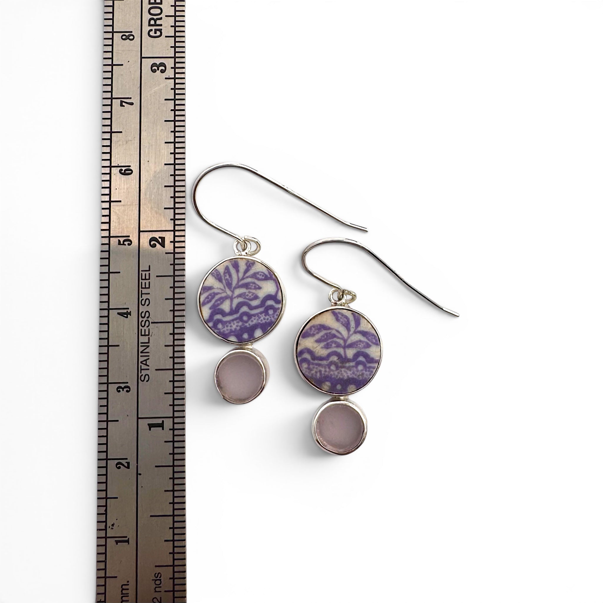 Sterling Silver Lavender Seaglass & Pattern Ceramic Drop Earrings