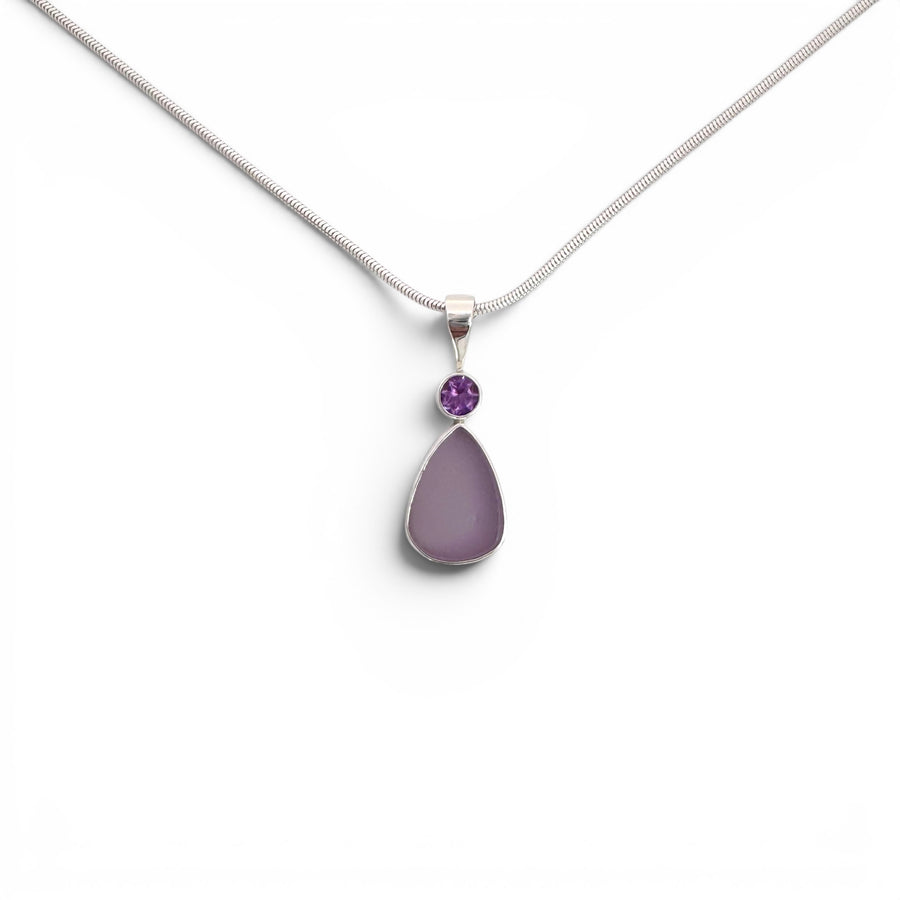 Lavender Sea Glass & Amethyst Teardrop Pendant