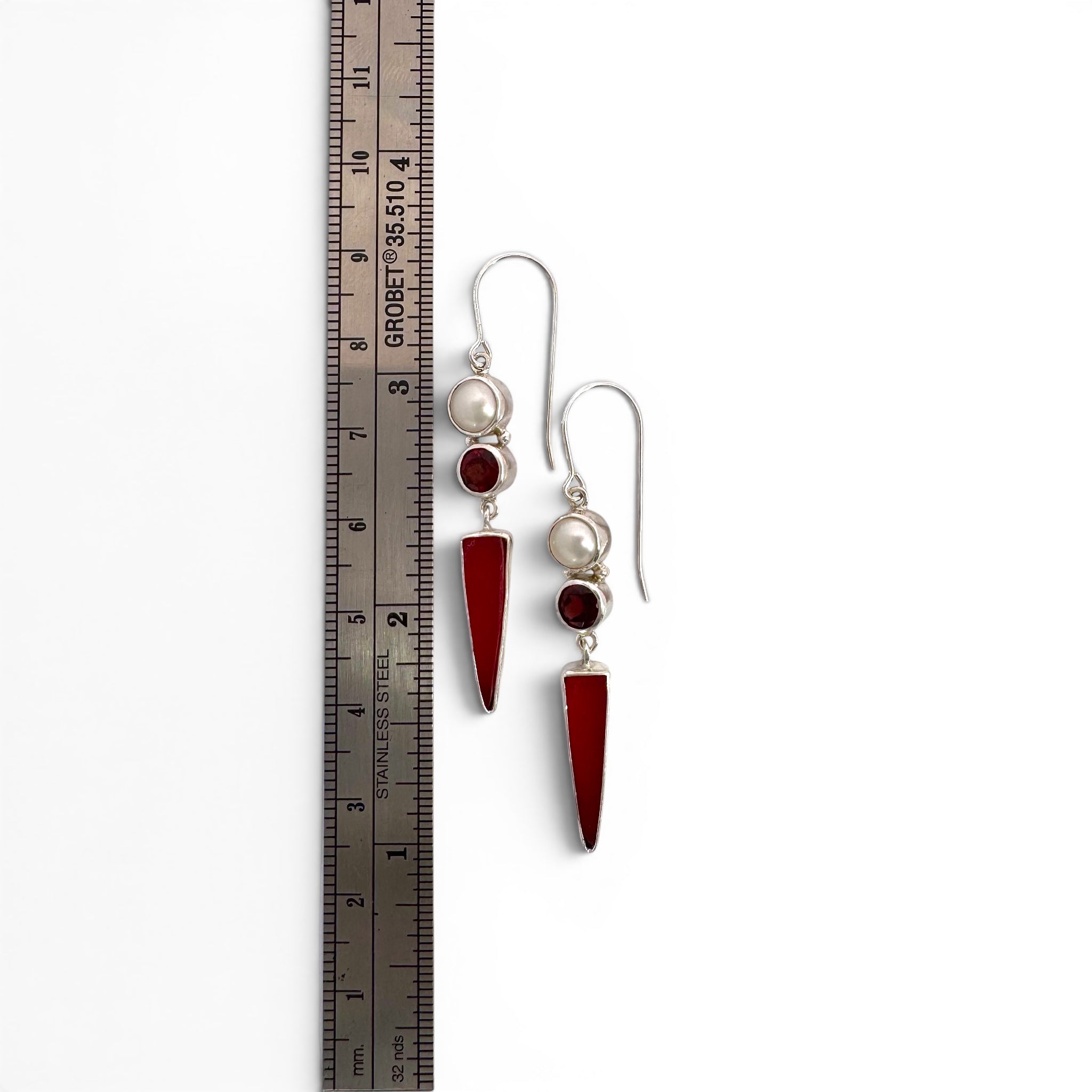 Sterling Silver Red Seaglass, Freshwater Pearl & Garnet Drop Earrings