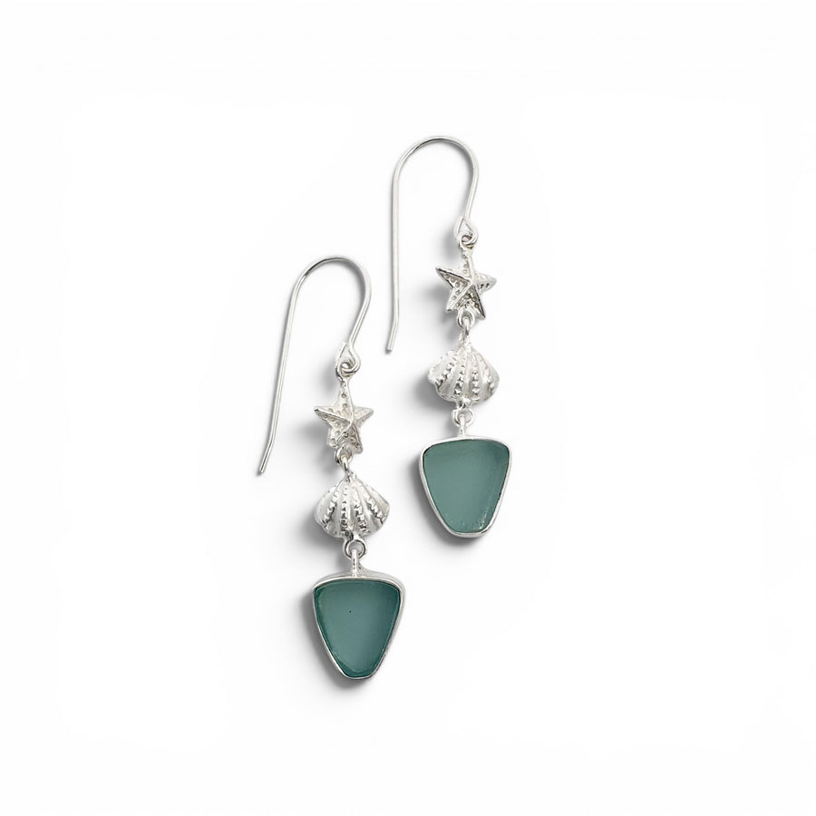 Starfish and Shell Seaglass Dangle Earrings