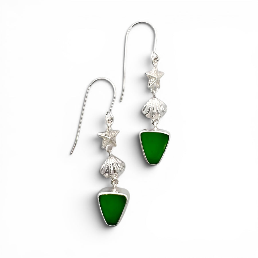 Starfish and Shell Seaglass Dangle Earrings