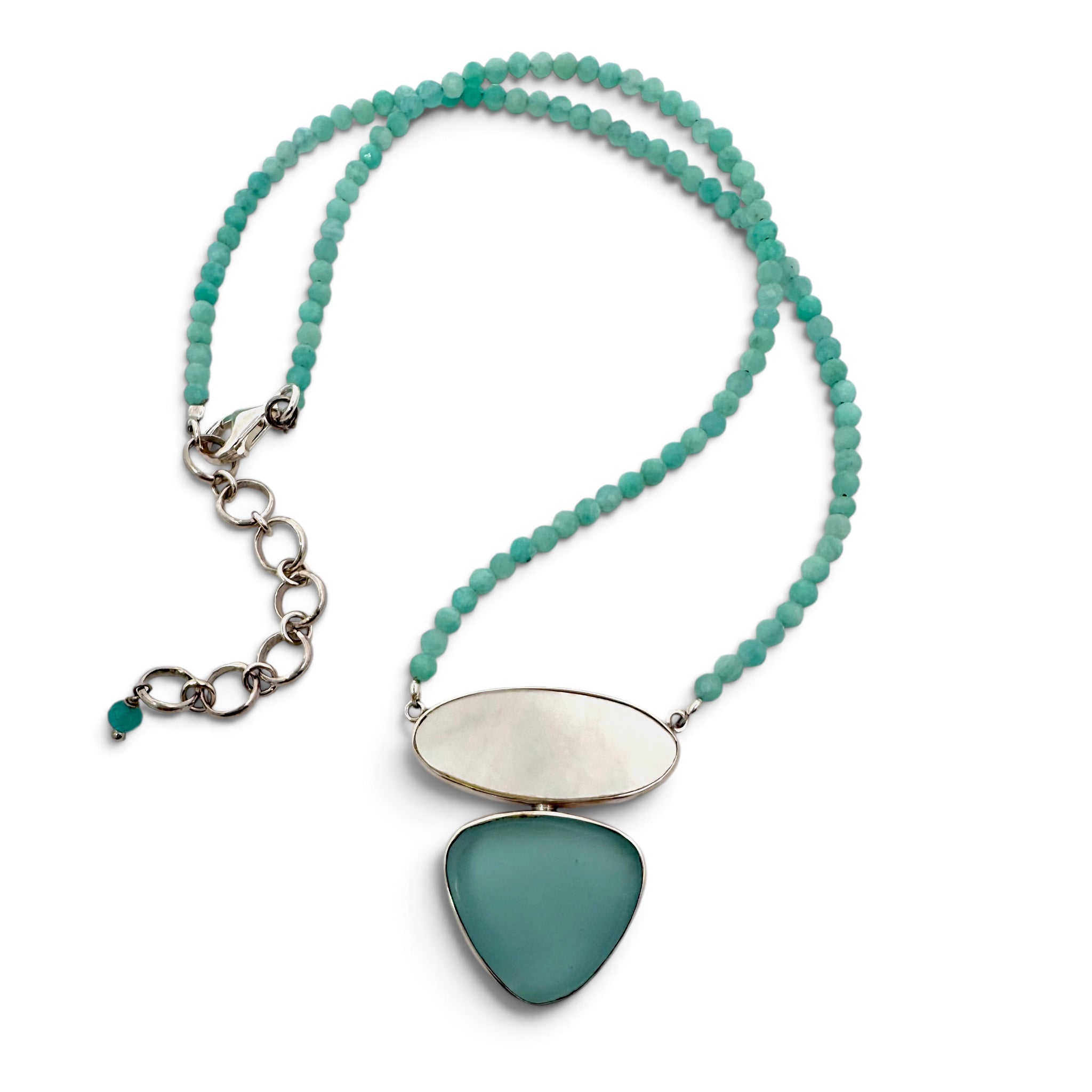 Aqua New England Sea Glass & Mother of Pearl on Amazonite Necklace