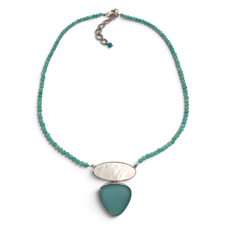Aqua New England Sea Glass & Mother of Pearl on Amazonite Necklace