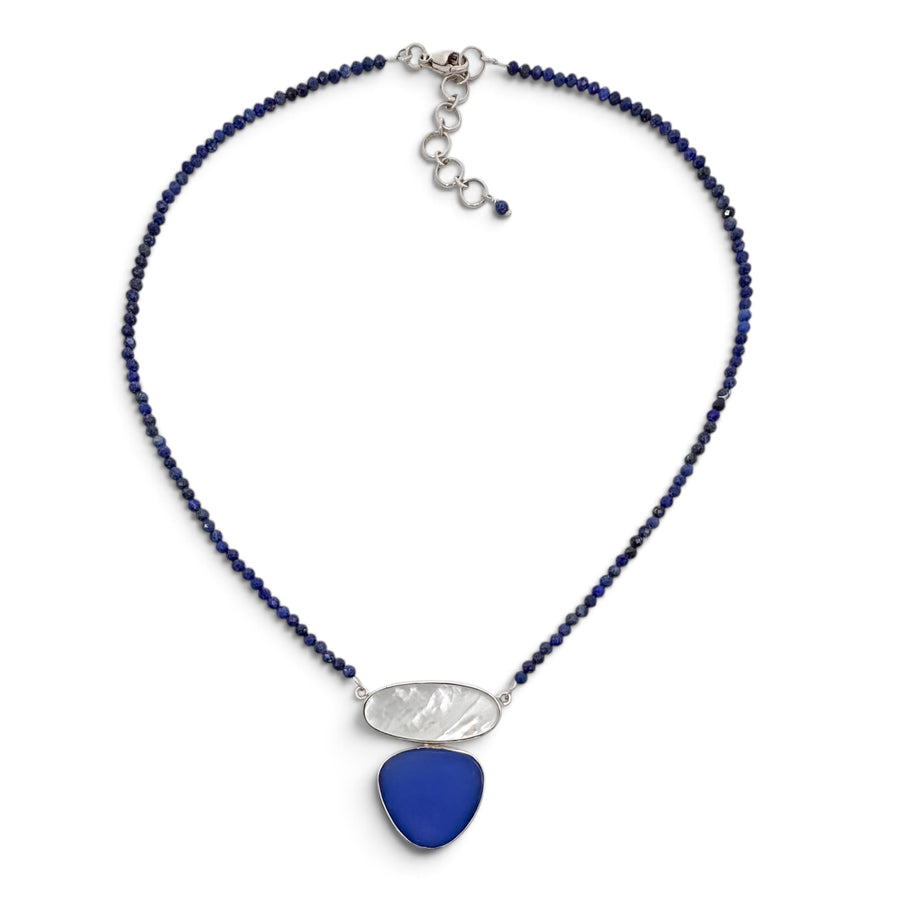 Cobalt New England Sea Glass & Mother of Pearl on Lapis Necklace