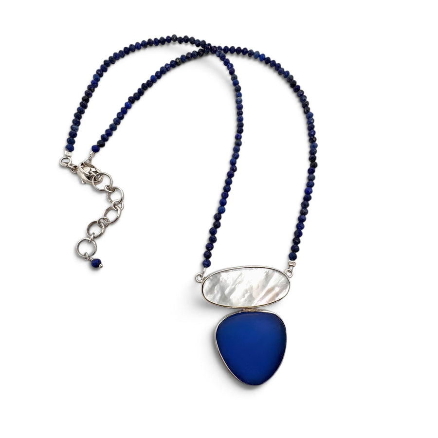 Cobalt New England Sea Glass & Mother of Pearl on Lapis Necklace