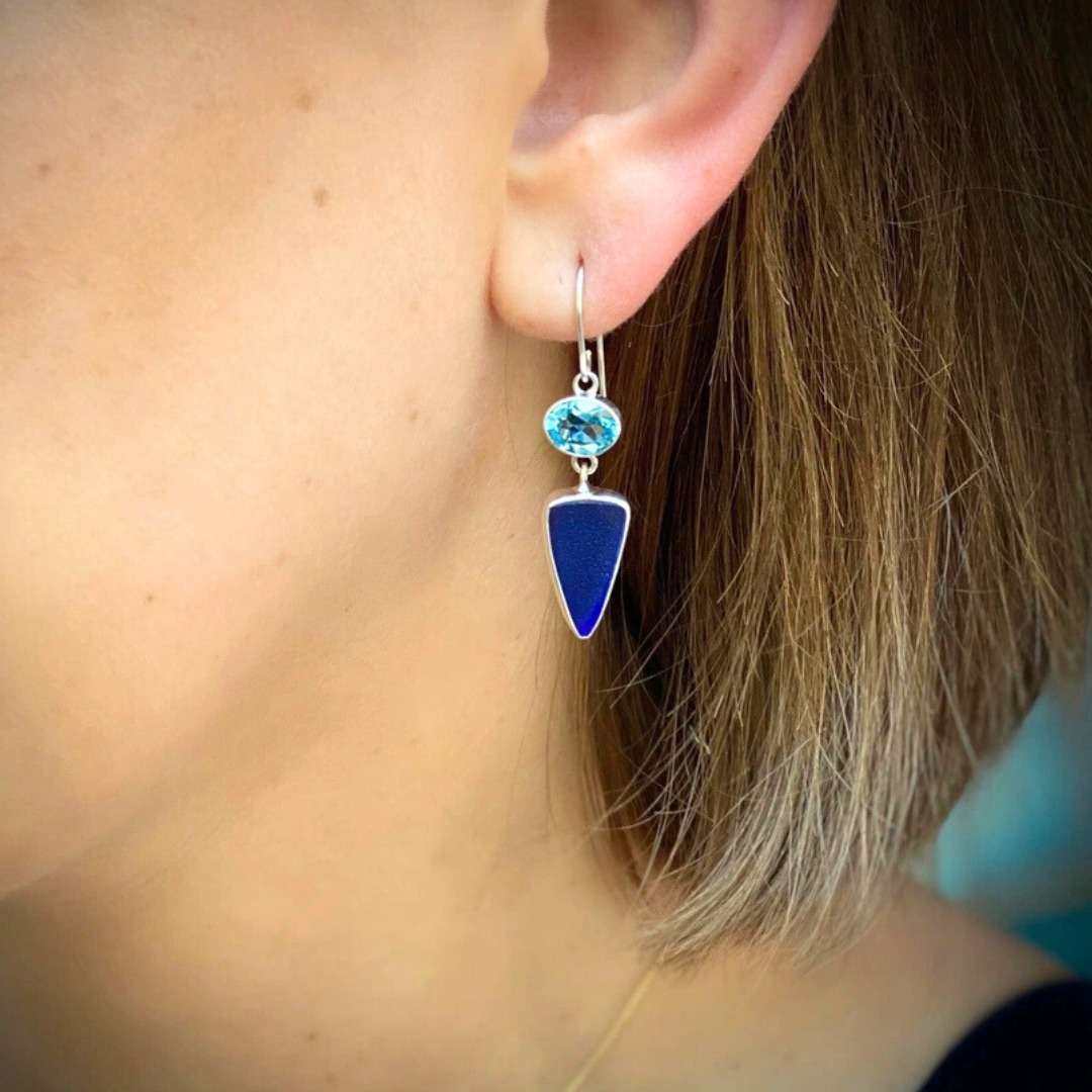 Deep Blue Maine Seaglass and Blue Topaz Drop Earrings