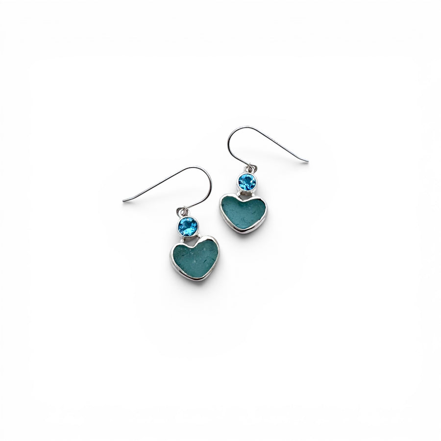 Aqua Heart Sea Glass & Blue Topaz French Wire Earrings
