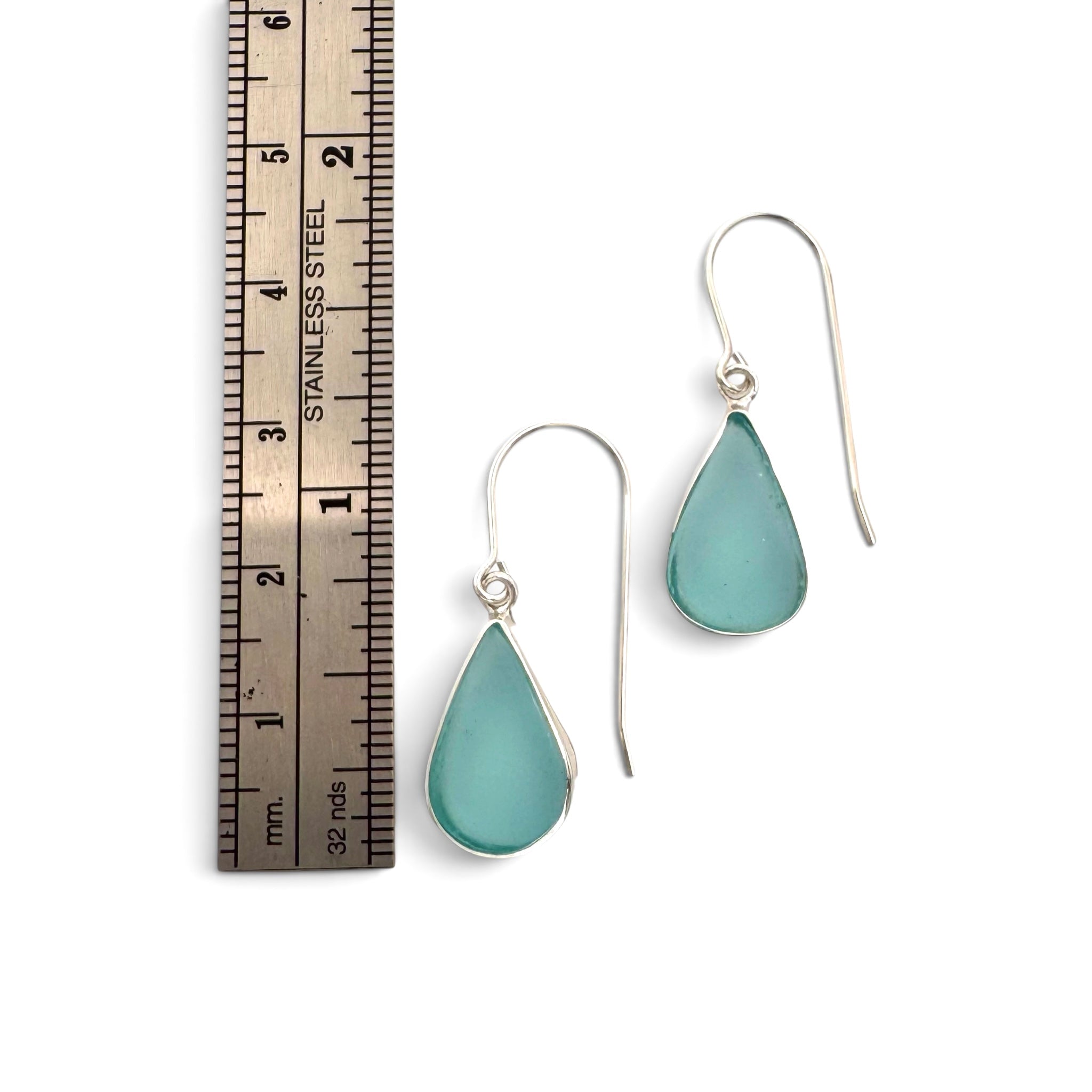 Sterling Silver Aqua Seaglass Teardrop Drop Earrings